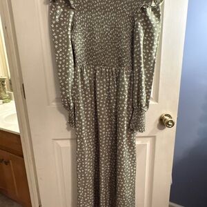 Smocked Long Sleeve Floral Maxi Dress - Olive Green